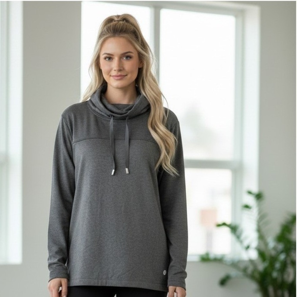 Apana Womens Cowl Neck Drawstring Pullover Activewear Top Charcoal Gray Medium